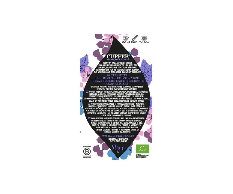 Infusión grosella negra y arándanos Bio 20 bolsitas infusoras Cupper