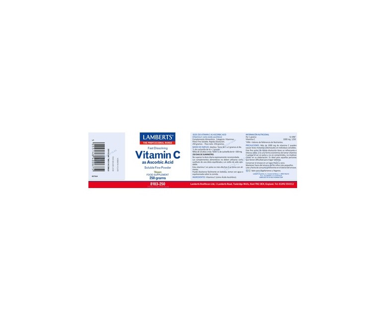 Vitamina C como Ácido ascórbico 250 g Lamberts