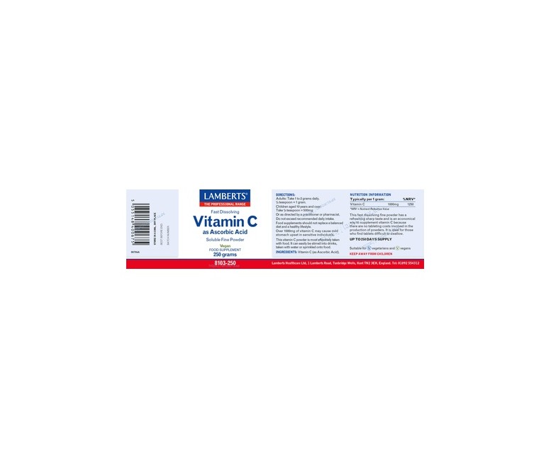 Vitamina C como Ácido ascórbico 250 g Lamberts