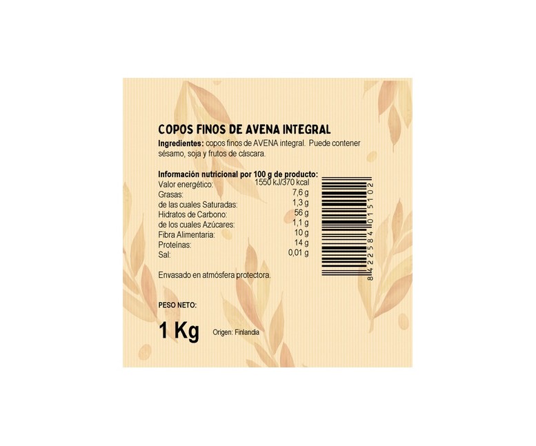 Copos finos de avena integral 1 kg El Granero Integral