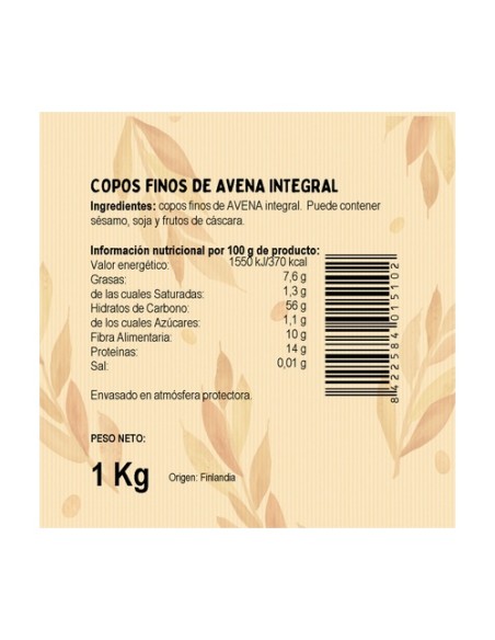 Copos finos de avena integral 1 kg El Granero Integral