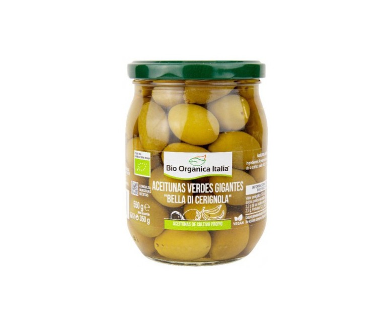 Aceitunas verdes gigantes bella di Cerignola 550 g Bio Organica Italia