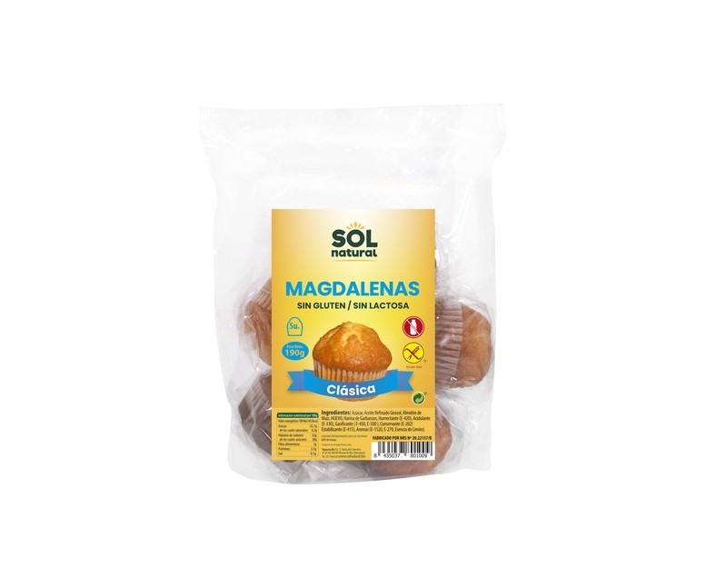 Magdalenas clásicas sin gluten y sin lactosa 190 g Sol Natural