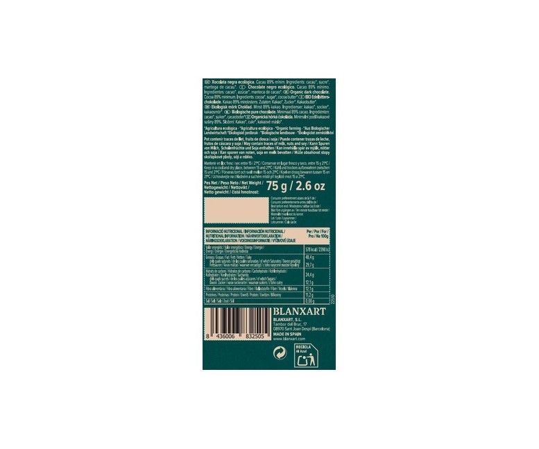 Chocolate negro 89% Brasil Eco 75 g Blanxart