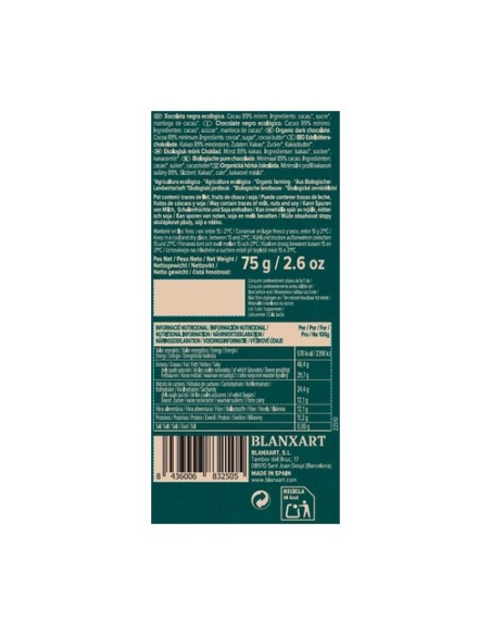 Chocolate negro 89% Brasil Eco 75 g Blanxart