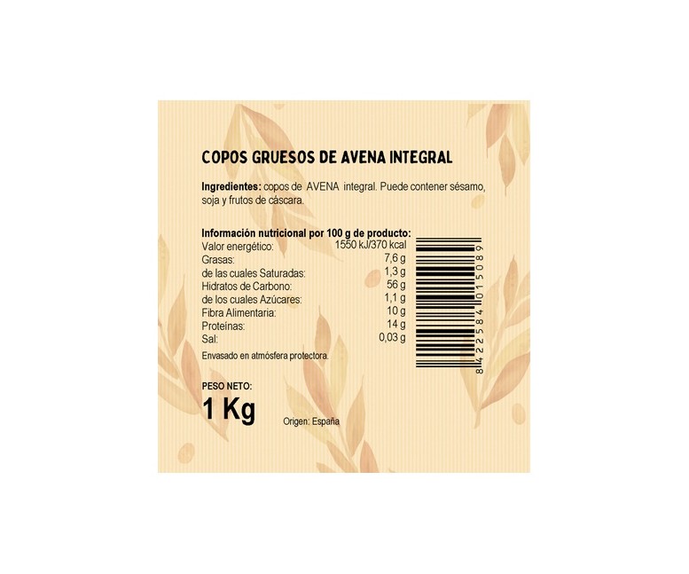 Copos de Avena Integral 1 kg El Granero Integral
