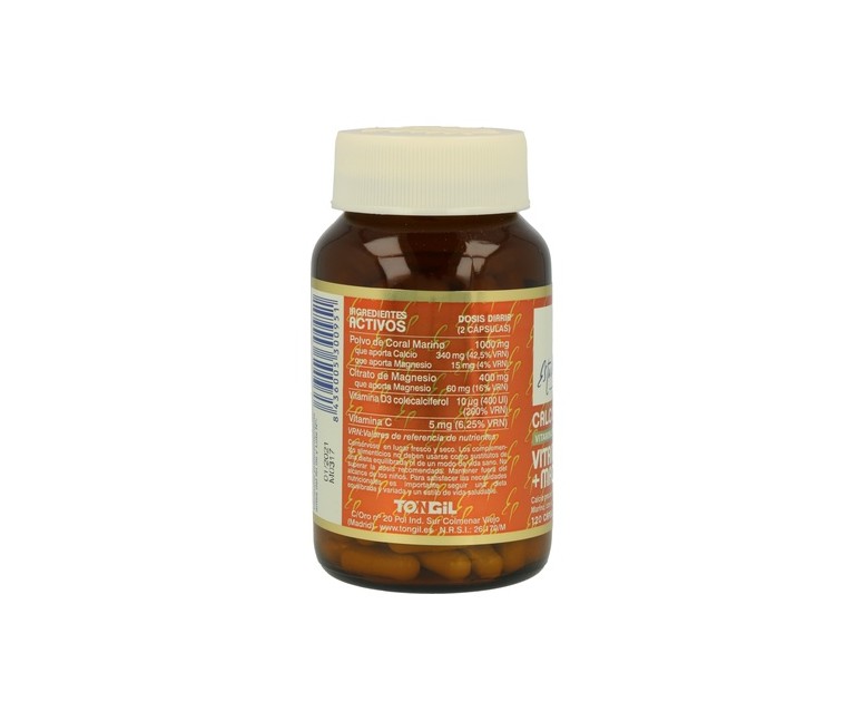 Calcio coral con vitamina D3 y magnesio 120 cápsulas vegetales de 824.5 mg Estado Puro