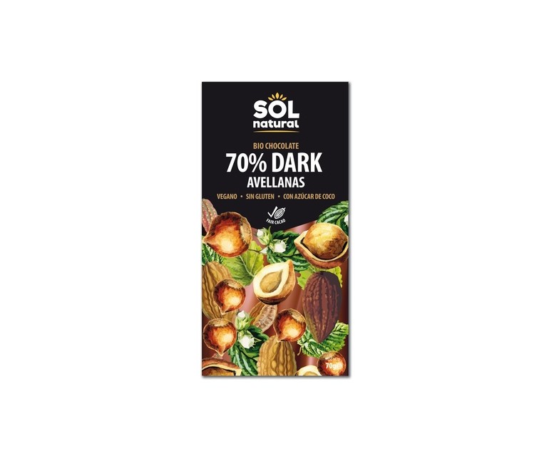 Chocolate vegano negro 70% con avellana Bio 70 g Sol Natural