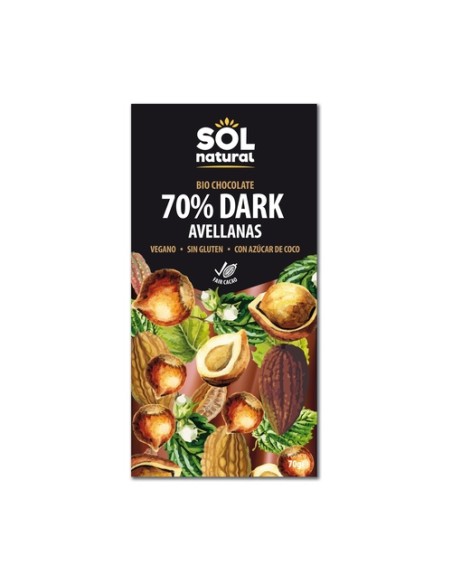 Chocolate vegano negro 70% con avellana Bio 70 g Sol Natural