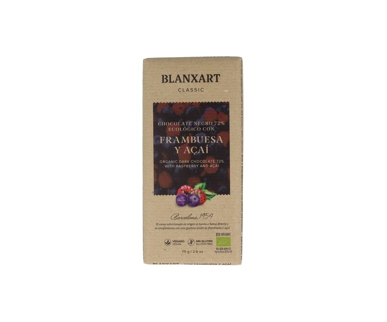 Chocolate negro con azúcar de coco, frambuesa y açaí 70% 75 g Blanxart