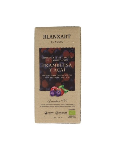 Chocolate negro con azúcar de coco, frambuesa y açaí 70% 75 g Blanxart