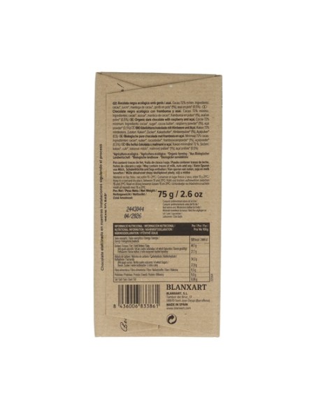 Chocolate negro con azúcar de coco, frambuesa y açaí 70% 75 g Blanxart