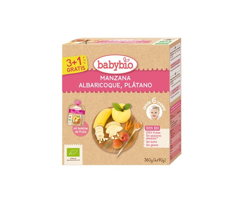 Pouche de manzana, albaricoque y plátano Bio 6m+ 4 unidades de 90 g Babybio