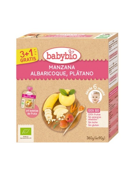 Pouche de manzana, albaricoque y plátano Bio 6m+ 4 unidades de 90 g Babybio