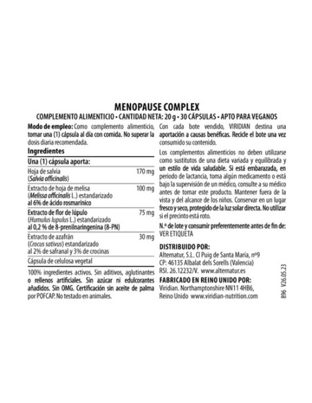 Menopause complex 30 cápsulas Viridian