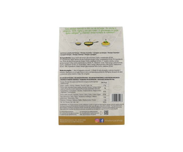 Láminas para lasaña de konjac 200 g The Konjac Shop