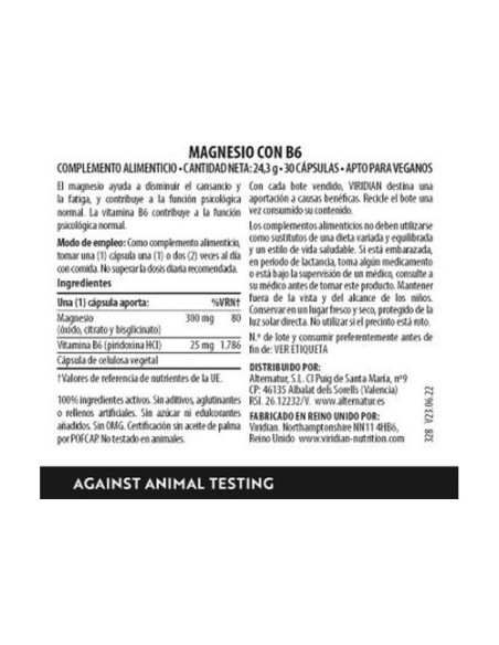 Magnesio Citrato con Vitamina B6 30 cápsulas Viridian