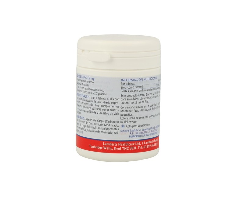 Zinc como Citrato 90 tabletas de 15mg Lamberts