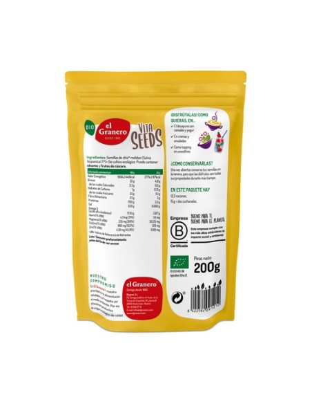 Vitaseeds semillas molidas de chía sin gluten Bio 200 g El Granero Integral
