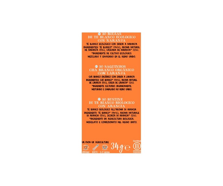 Infusión té blanco con naranja Bio 20 bolsitas infusoras de 1.7 g Cupper