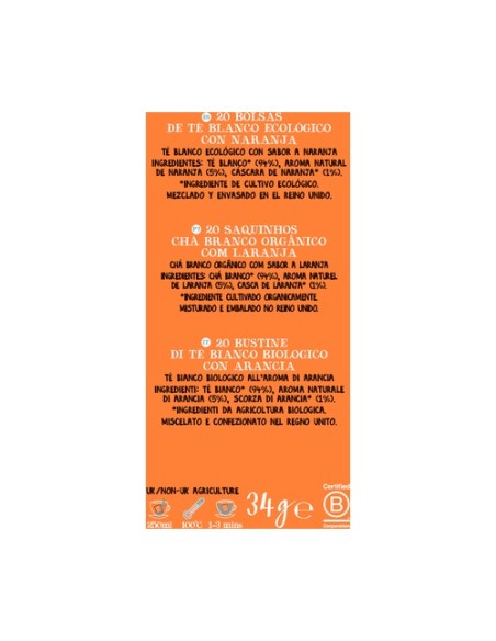 Infusión té blanco con naranja Bio 20 bolsitas infusoras de 1.7 g Cupper