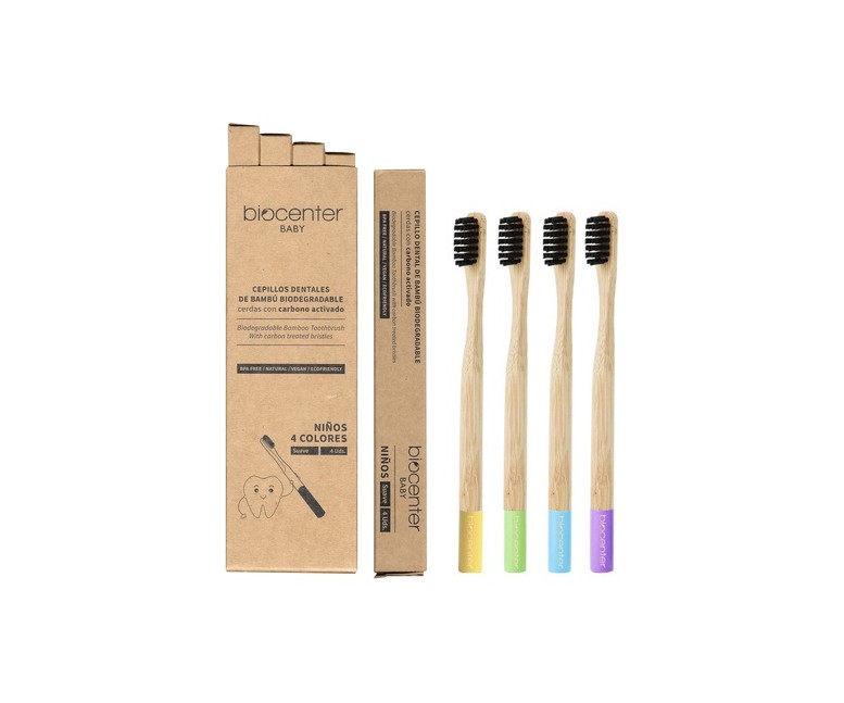 Pack Cepillos De Dientes Bambú Y Carbón Activado Niños 4 unidades Biocenter