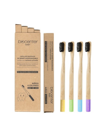 Pack Cepillos De Dientes Bambú Y Carbón Activado Niños 4 unidades Biocenter