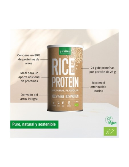 Proteína de arroz en polvo vegana y bio con sabor natural 400 g de polvo Purasana