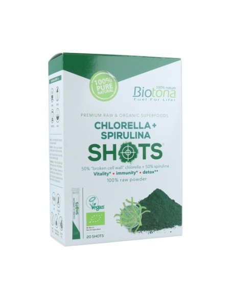Chlorella+Espirulina Raw 20 Shots. Bio Sg Vegan 44 g Biotona