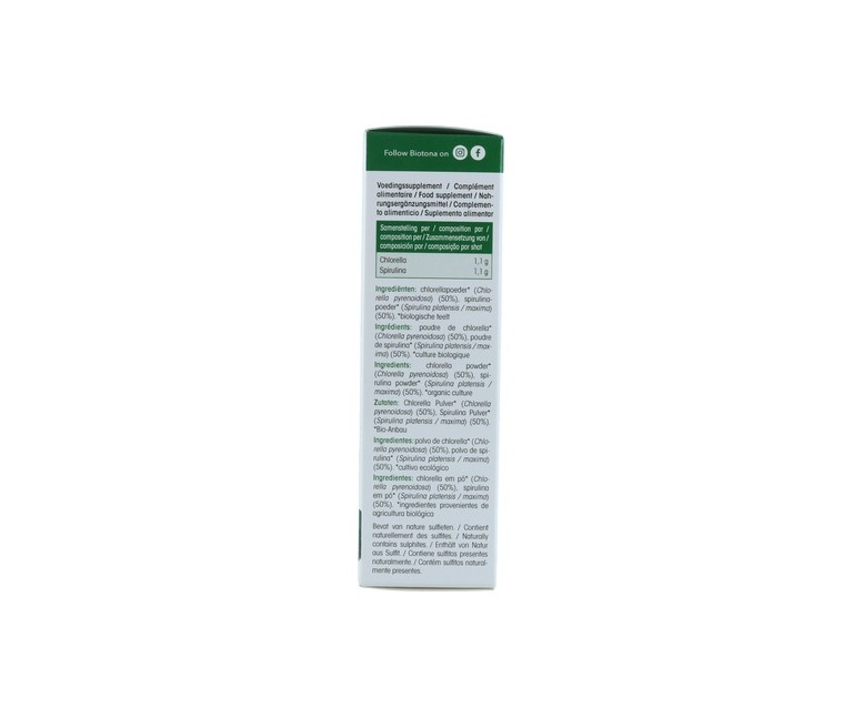 Chlorella+Espirulina Raw 20 Shots. Bio Sg Vegan 44 g Biotona
