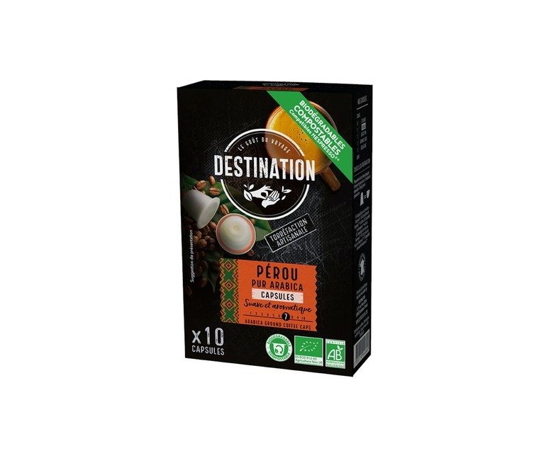Cápsulas Biodegradables Pur Arábica Perú Bio 10 cápsulas de 5.5g Destination Bio