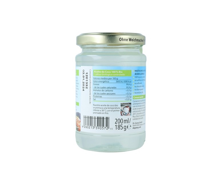 Aceite de Coco Virgen Bio 200 ml de aceite Dr. Goerg