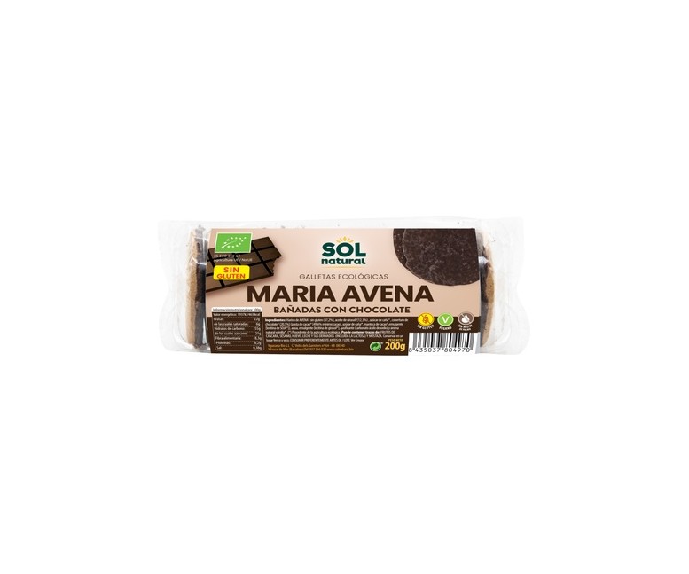 Galletas María de avena sin gluten bañadas con chocolate Bio 200 g Sol Natural