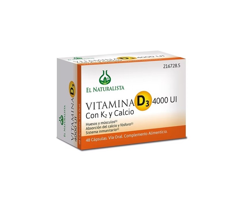 Vitamina D3 4000 UI K2 y calcio 48 cápsulas El Naturalista