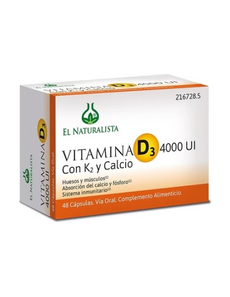 Vitamina D3 4000 UI K2 y calcio 48 cápsulas El Naturalista