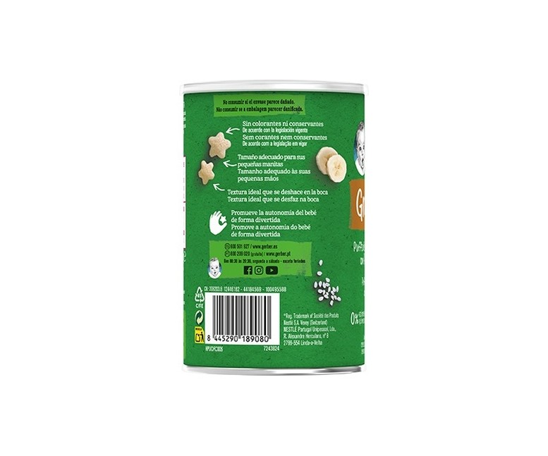 Snacks bebé, puffs de Cereales con Plátano +8m 35 g (Frutas - Plátano) Gerber Organic