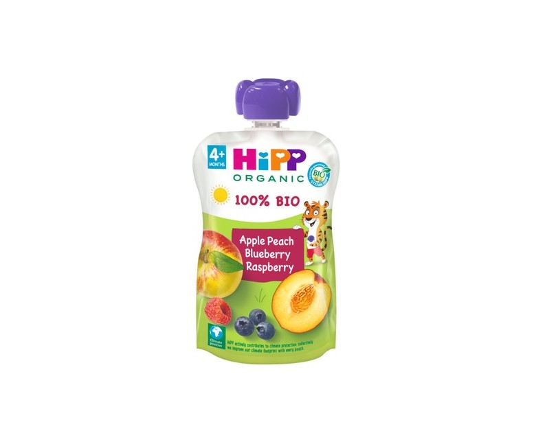 Pouches de melocotón manzana y frutos bosque Bio 4m+ 100 g HiPP