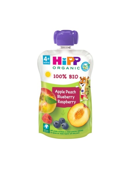 Pouches de melocotón manzana y frutos bosque Bio 4m+ 100 g HiPP