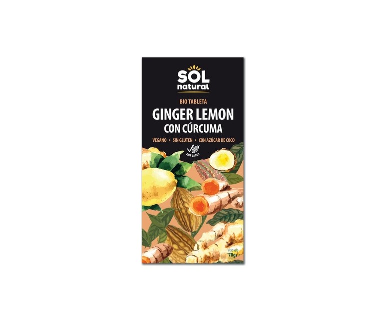 Chocolate vegano con jengibre, limón y cúrcuma Bio 70 g Sol Natural