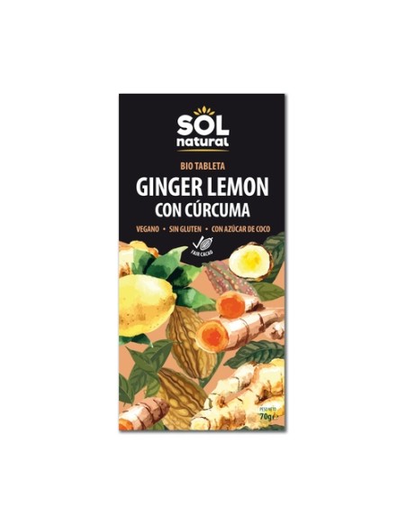 Chocolate vegano con jengibre, limón y cúrcuma Bio 70 g Sol Natural