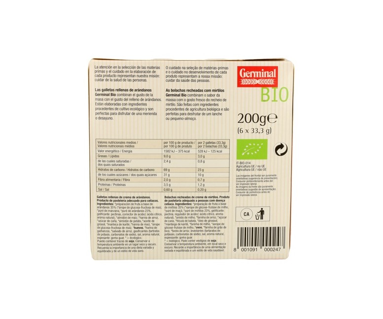 Galletas de Crema de Arándanos Bio (Sin Gluten) 200 g Germinal