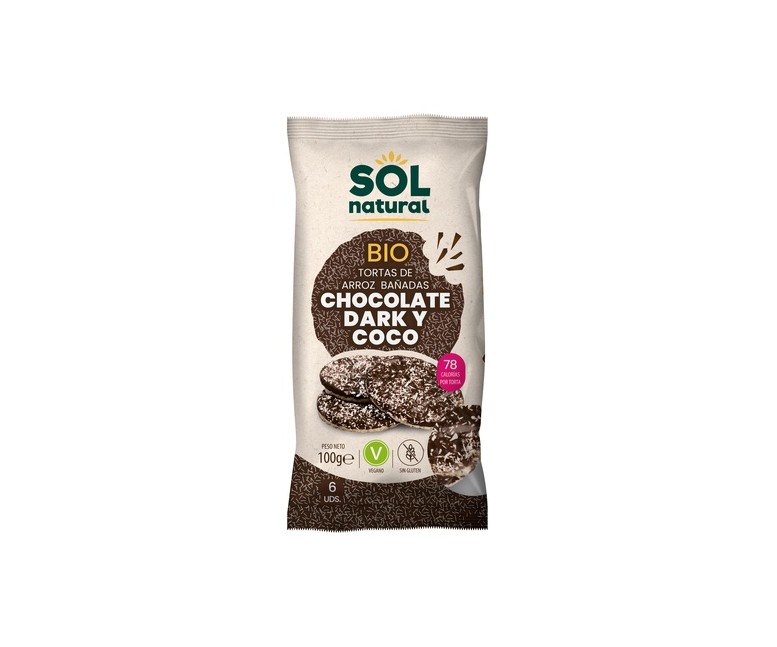 Tortas de arroz con chocolate dark y coco sin gluten vegano Bio 100 g (Chocolate - Coco) Sol Natural