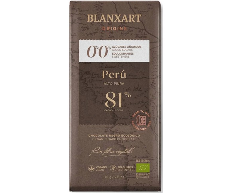 Chocolate Perú 81% s/azúcar s/edulcorante eco 75 gr Blanxart