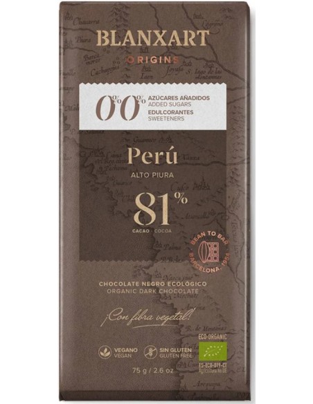 Chocolate Perú 81% s/azúcar s/edulcorante eco 75 gr Blanxart