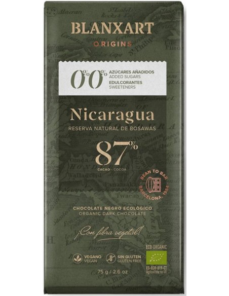 Chocolate nicaragua 87% s/azúcar s/s edulcorante eco 75 gr Blanxart