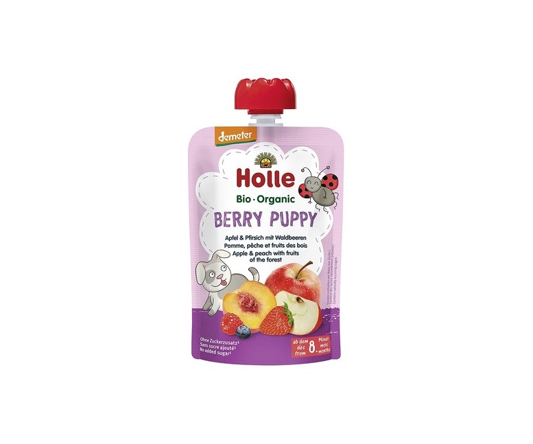 Smoothie berry puppy manzana, melocotón y frutas del bosque Bio 8m+ 100 g Holle