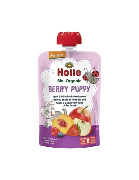 Smoothie berry puppy manzana, melocotón y frutas del bosque Bio 8m+ 100 g Holle