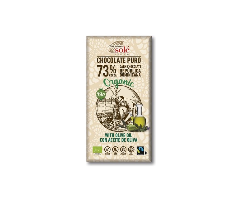 Chocolate negro 73% con aceite de oliva 100 g (Vainilla - Cacao) Chocolates Sole