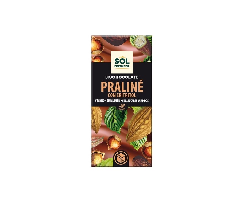 Chocolate vegano praliné con eritritol Bio 70 g Sol Natural