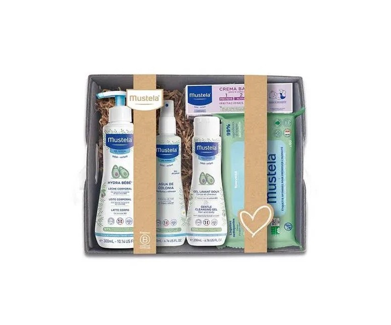 Canastilla gris leche corp+colonia+gel+crema+toall. 200 ml + 300 ml + 50 ml + 200 ml + 70 ud Mustela